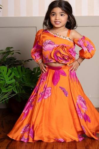 Orange printed organza lehenga with top