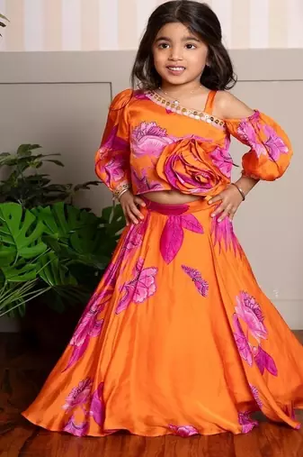 Orange printed organza lehenga with top