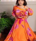 Orange printed organza lehenga with top