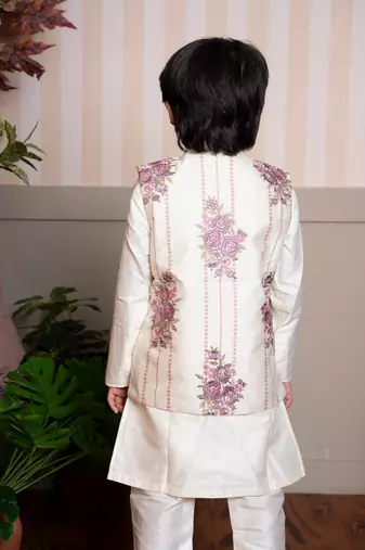 White embroidered chanderi nehru jacket set