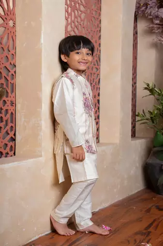 White embroidered chanderi nehru jacket set