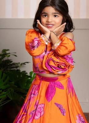 Orange printed organza lehenga with top 2