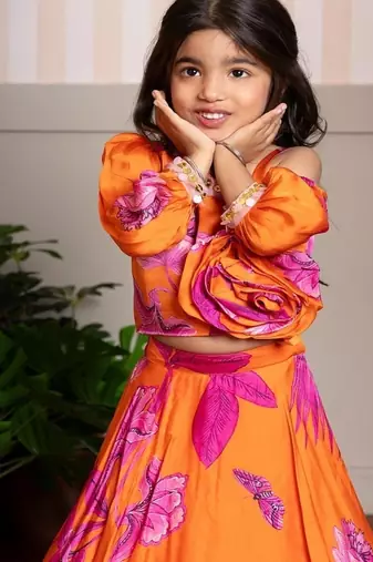 Orange printed organza lehenga with top