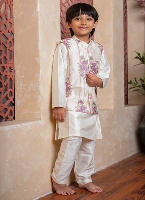 White embroidered chanderi nehru jacket set 5