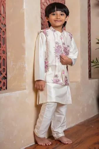 White embroidered chanderi nehru jacket set