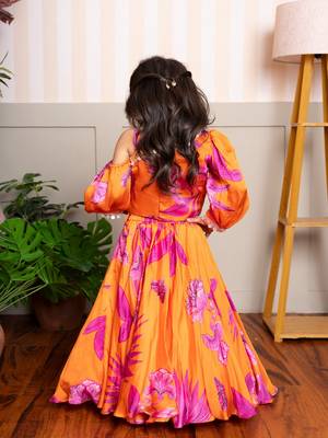 Orange printed organza lehenga with top 3