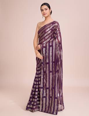 Embellished wine color  bollywood georgette saree with unstiched blouse 2