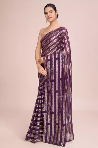 Embellished wine color  bollywood georgette saree with unstiched blouse
