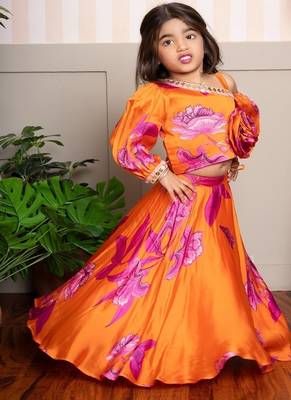 Orange printed organza lehenga with top 4