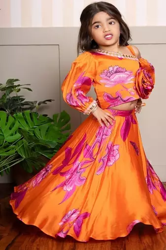 Orange printed organza lehenga with top