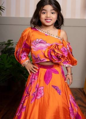Orange printed organza lehenga with top 5