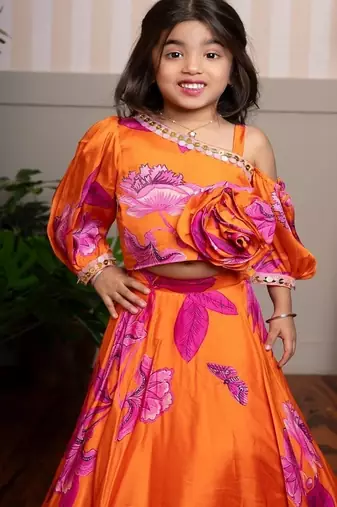 Orange printed organza lehenga with top