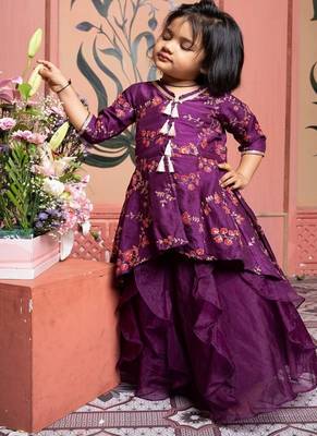 Purple printed silk lehenga with top 1