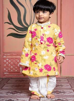 Yellow printed chanderi kurta pyjama 1