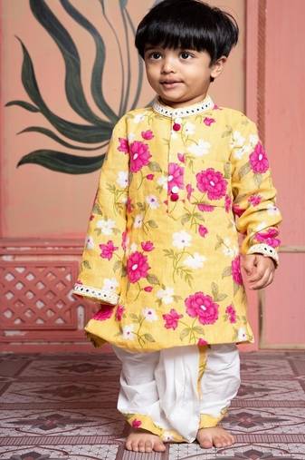 Yellow printed chanderi kurta pyjama