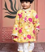 Yellow printed chanderi kurta pyjama
