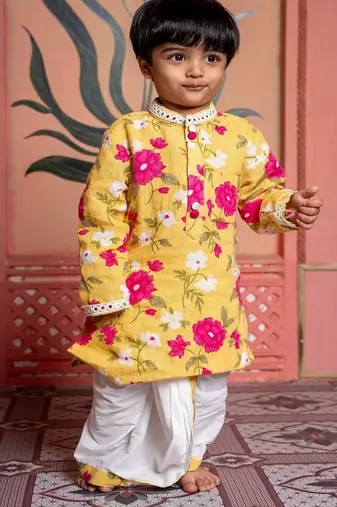 Yellow printed chanderi kurta pyjama