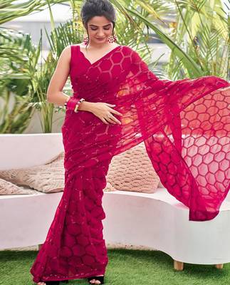 Embellished rose pink color  bollywood georgette saree with unstiched blouse 1