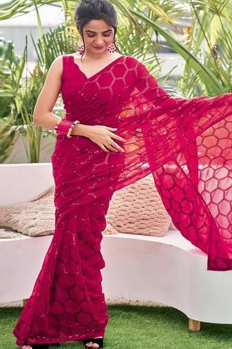 Embellished rose pink color  bollywood georgette saree with unstiched blouse