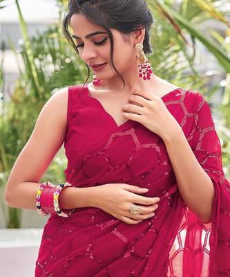 Embellished rose pink color  bollywood georgette saree with unstiched blouse 2