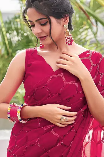 Embellished rose pink color  bollywood georgette saree with unstiched blouse
