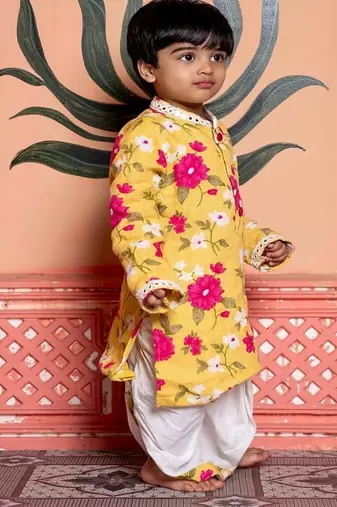 Yellow printed chanderi kurta pyjama