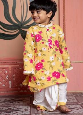 Yellow printed chanderi kurta pyjama 5