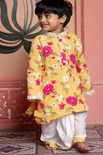 Yellow printed chanderi kurta pyjama