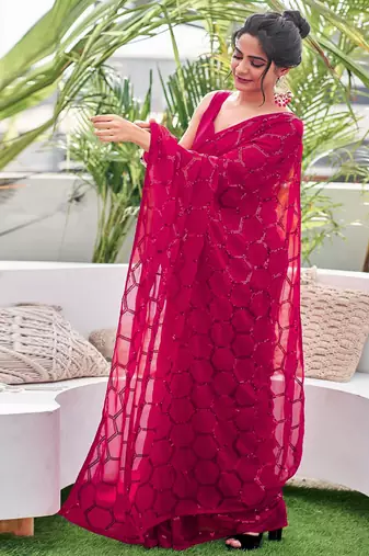 Embellished rose pink color  bollywood georgette saree with unstiched blouse