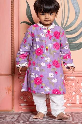 Purple printed silk kurta pyjama