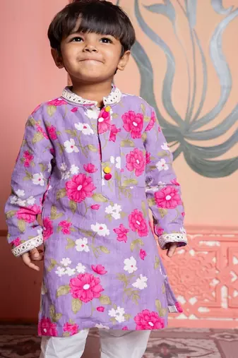 Purple printed silk kurta pyjama