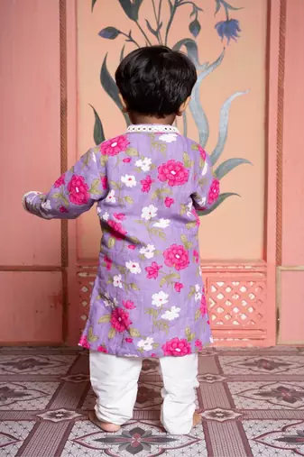 Purple printed silk kurta pyjama