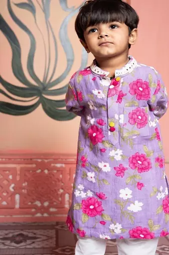 Purple printed silk kurta pyjama