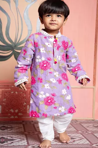 Purple printed silk kurta pyjama