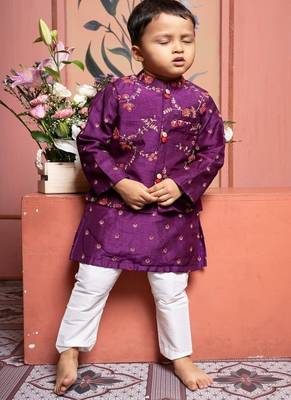 Purple embroidered linen nehru jacket set 2