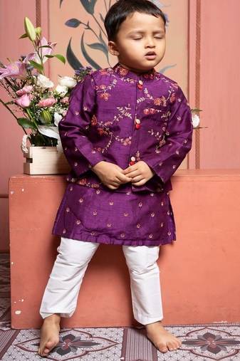 Purple embroidered linen nehru jacket set