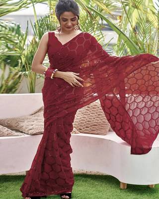 Embellished maroon color  bollywood georgette saree with unstiched blouse 1