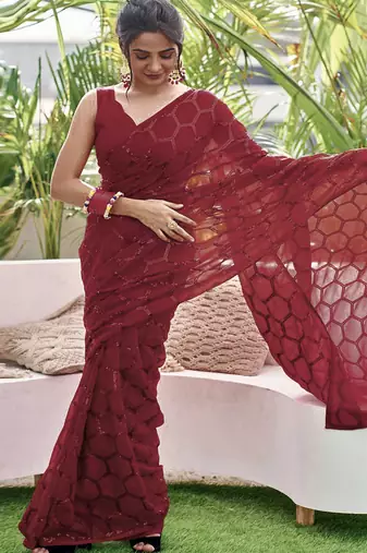 Embellished maroon color  bollywood georgette saree with unstiched blouse