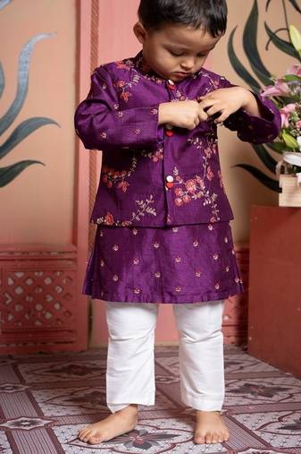 Purple embroidered linen nehru jacket set