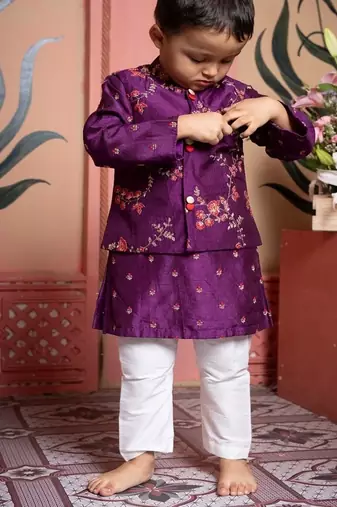 Purple embroidered linen nehru jacket set