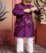 Purple embroidered linen nehru jacket set
