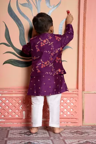 Purple embroidered linen nehru jacket set