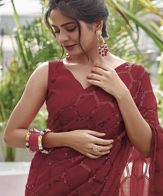 Embellished maroon color  bollywood georgette saree with unstiched blouse 2