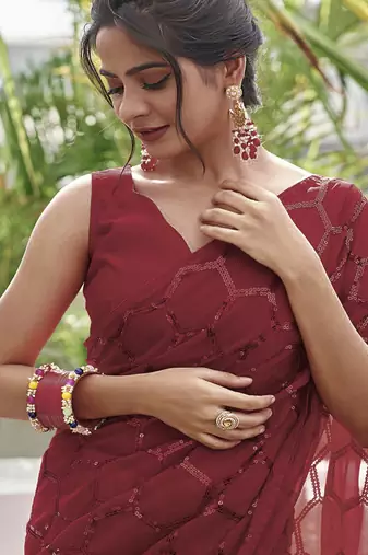 Embellished maroon color  bollywood georgette saree with unstiched blouse