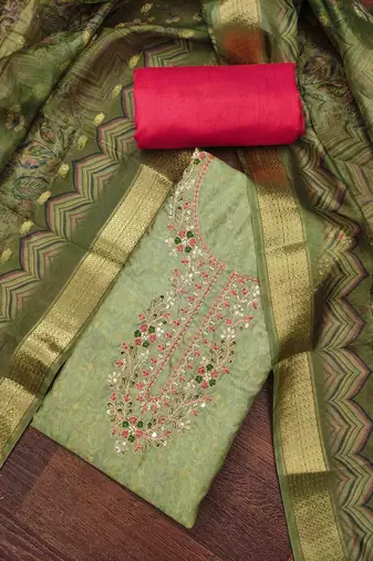 Pista cotton banarasi print handwork unstitched dress material
