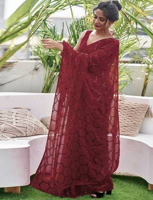Embellished maroon color  bollywood georgette saree with unstiched blouse 3