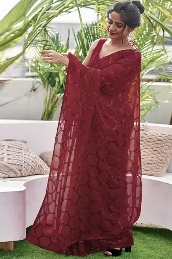 Embellished maroon color  bollywood georgette saree with unstiched blouse