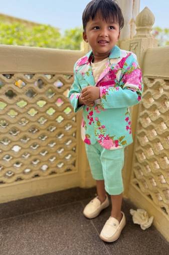 Blue printed linen kurta pyjama