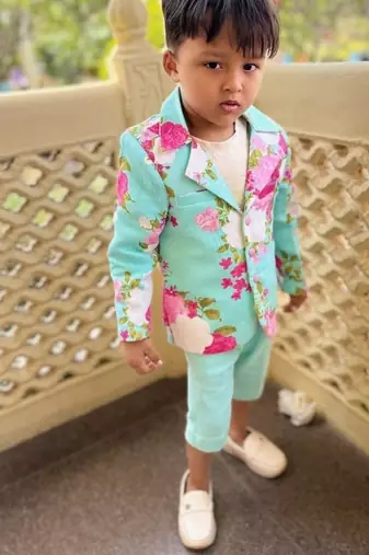 Blue printed linen kurta pyjama