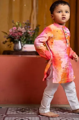 Multicolor printed linen kurta pyjama